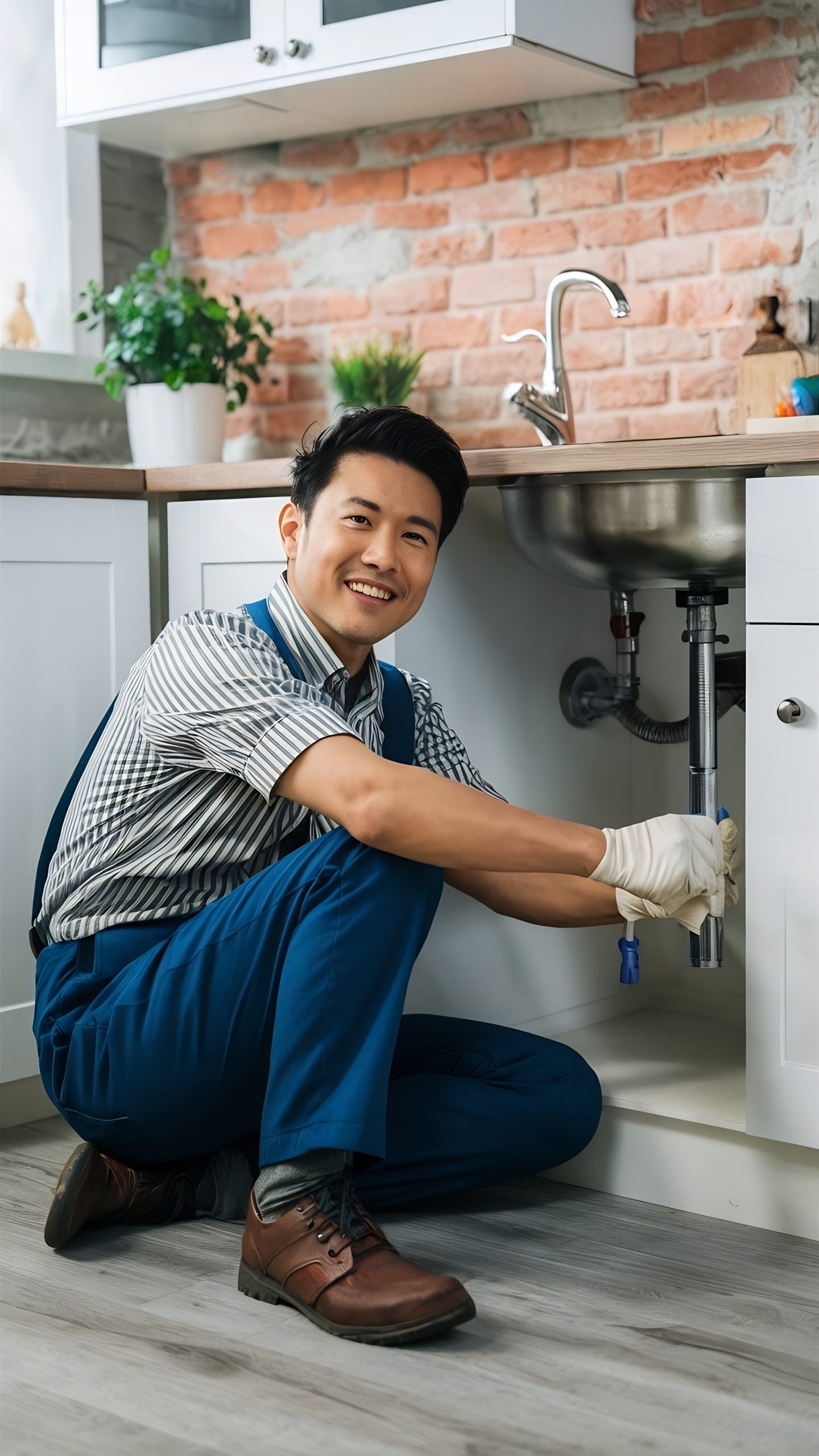 cheerful-asian-plumber-sitting-floor-repairing-kitchen-sink